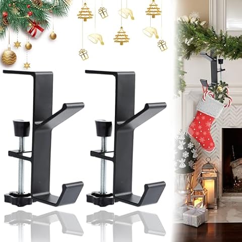 2Pack 2 in 1 Garland and Stocking Mantel Holders,Christmas Stockings Holder Hanger,Adjustable Heavy Duty Garland Hanger and Stocking Mantel Holders with 2 Hooks for Home Christmas Decoration (2*Black) Cover