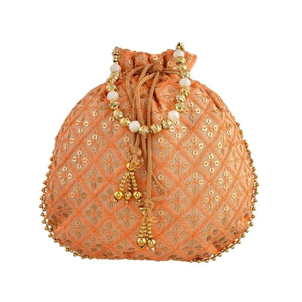 Kuber Industries Potli | Silk Wedding Potli | Drawstring Closure Potli | Wallet Potli | Christmas Gift Potli | Baby Shower Potli | Traditional Shagun Potli | Single Side Sequins-Potli | Peach