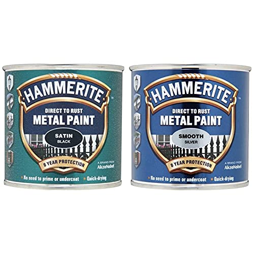 Hammerite 5084904 Metal Paint: Satin Black 250ml & Direct to Rust Metal Paint - Smooth Silver Finish 250ML