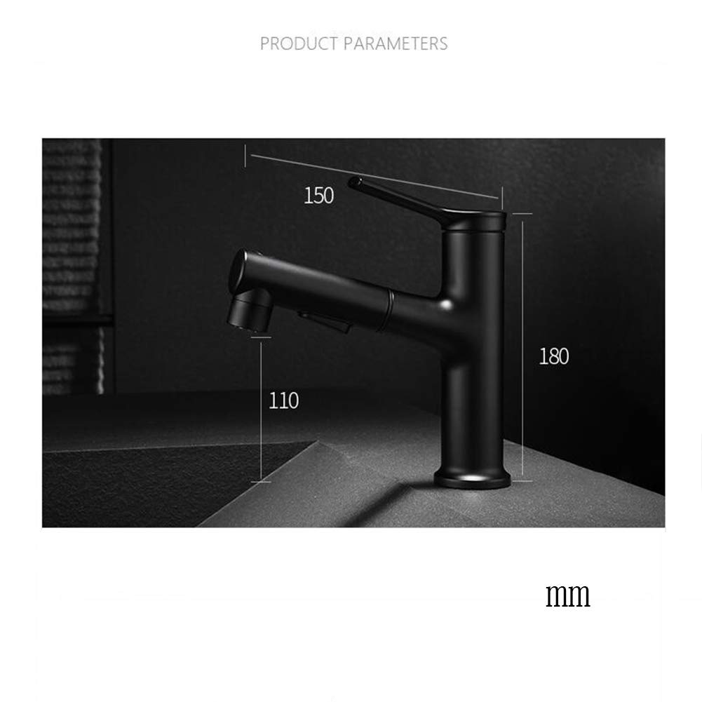 Grifo de lavabo, grifo mezclador para lavabo de baño con rociador extraíble, monomando para agua fría y caliente, color negro, para colocar sobre encimera, moderno grifo de lavabo de cobre de un sol