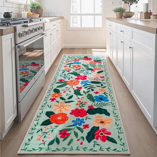 Joiedomi Hallway Runner Rug Washable 2'6''x8' Non Slip Kitchen Rug with Rubber Backing Soft Boho Floral Floor Carpet Runners for Entryway Laundry Bedroom Indoor (Green)