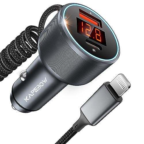 Kapebow iPhone Car Charger, 72W 3 Ports Super Fast Car Charger Built-in MFi Certified 6ft 27W Nylon Coiled Lightning Cable for iPhone 14/13/12/11/XR/Max, iPad, AirPods (Grey)