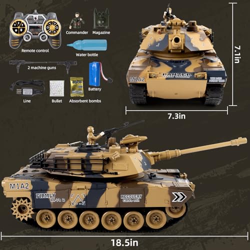 DBshoot1/18 Remote Control Tank, US M1A2 2.4GHz RC Tank with Smoke & Sound & LED Lights, Water Bombs, Army Tank Toys for Adult and Kid, 60 Minutes Playing Times, Fring Water Bombs & BBS