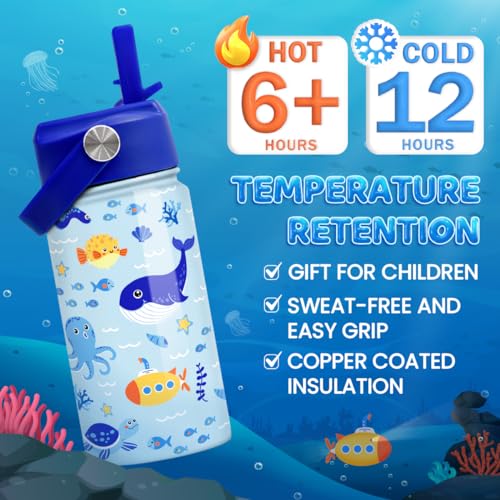 Image of SANDJEST Kids Water Bottle with Straw Lid - 12 Oz Insulated Stainless Steel Ocean Water Bottles for Kid Boys - Travel Cup for School Sports