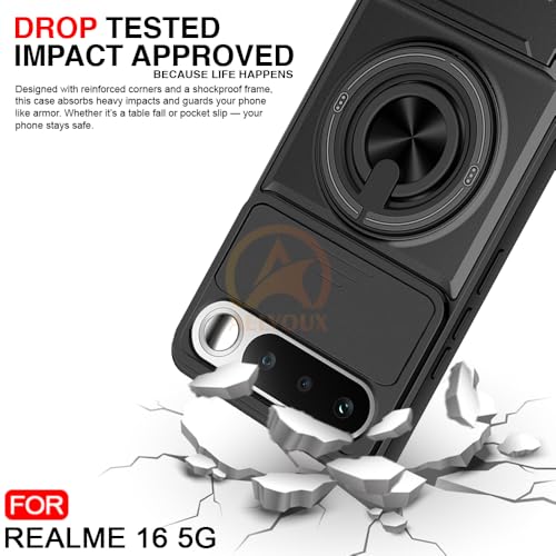Image of Realme 16 5G Back Cover | Armor Camera Slider 360 Degree Rotating Finger Ring Holder Case with Bracket Stand Back Case Cover (Compatible with MagSafe Accessories) (Black)