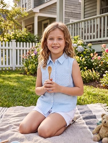 Image of Girls Plaid Sleeveless Button Down Shirt Summer Crop Tops Tie Knot Blouse Tank Tops 4-13Y