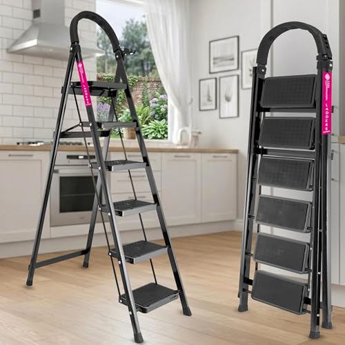 Image of Casa Copenhagen Black 6 Step Ladder for Home Use with Built-in Tool Tray | Heavy Duty D Shape Rods | Ultra Large Platform | Wide Rubber Feet | 150Kg Capacity Foldable Ladder - 7 Years Warranty