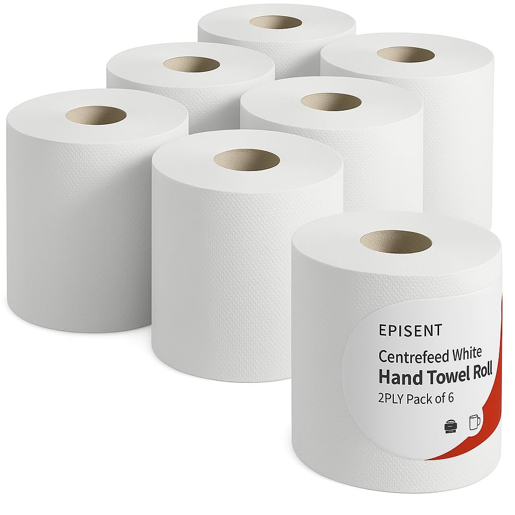 EPISENT White Centrefeed Rolls 2 Ply Embossed Kitchen Paper Towels Pack of 6 Strong Absorbent Centre Feed Wiper Roll for Home Kitchen Garage and Commercial Cleaning
