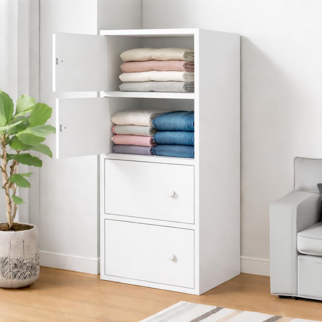 EXVITO Engineered Wood Wardrobe for Bedroom | Foldable 4-Shelf Wooden Storage Cabinet | Cupboard Almirah for Clothes | Collapsible Wardrobe | Space Saving Wooden Cabinet - White