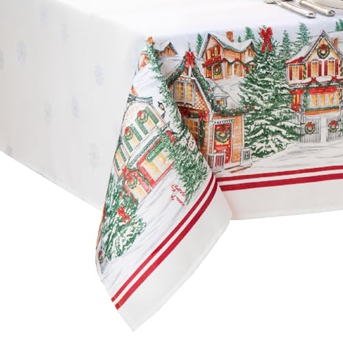 Elrene Home Fashions Storybook Christmas Village Bordered Holiday Wrinkle Resistant Tablecloth, 60" x 144", Rectangle, Multi