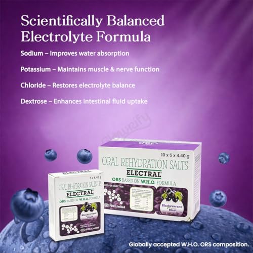 Image of ELECTRAL Oral Rehydration Salts I.P. Blackcurrant Blast Flavor | WHO Formula ORS | Pack of 100 Sachets 4.40g Each for Hydration & Electrolyte Balance