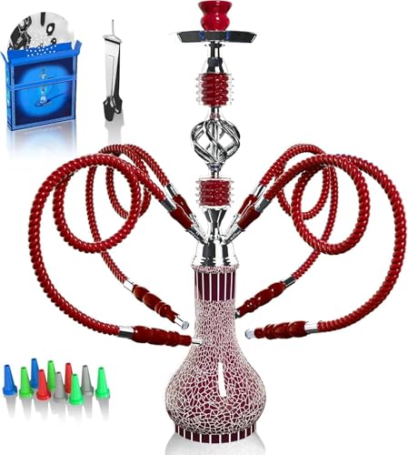 Shisha Komplettset mit 4 Schläuchen 22 Großes Shisha Kit für bis zu 4 Personen mit allem inklusive Keramikschüssel | Premium-Schlauch| Schöne Glasvase (Rot GR1)