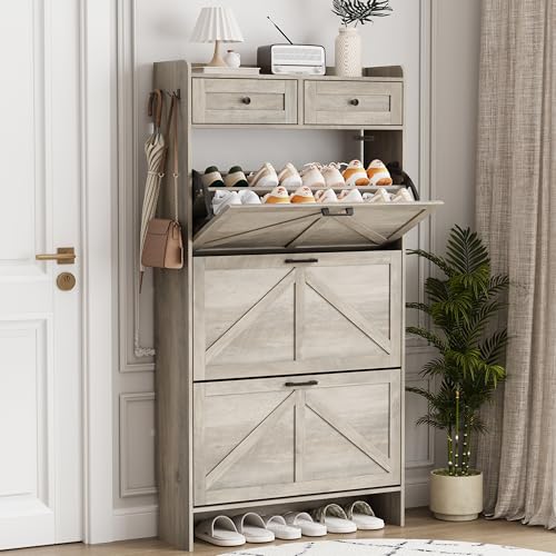 Image of Shoe Cabinet with 3 Flip Drawers & 2 Top Drawers, 57 inch Tall Freestanding Narrow Wooden Shoe Storage Organizer for Entryway, Hidden Slim Shoe Rack for Front Door Entrance, Hallway, Living Room, Grey