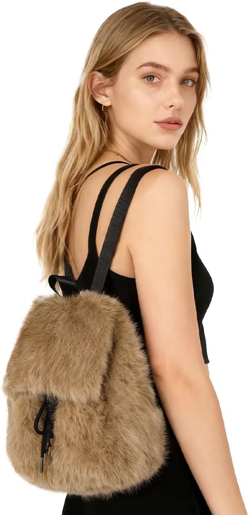 Cute Furry Backpack Faux Fur Shoulder Bag Fuzzy Small Daypack Satchel Purse Lovely Rucksack Travel Bag for Women Girls