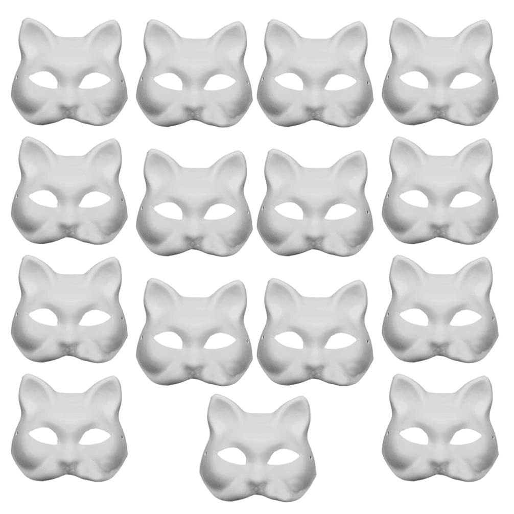 ULTNICE 15pcs White Paper Blank Hand Painted Masks Paper Mache Masks Halloween Cat Masks DIY Animal Unpainted Craft Masks for Cosplay Masquerade Parties Costume Accessory, White, 17X18CM