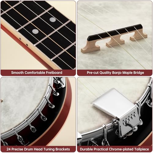 Image of Kmise Banjo, 5 String Banjos with Remo Head Full Size 38 Inch Closed Back with Removable Resonator, Strings Pack, Finger Picks, Strap, Case, Tuner Set Accessories for Starter Adults Beginner Gift