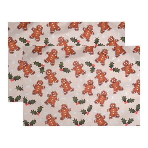 Image of Dining Table Mats Set of 2 - Gingerbread Man Theme,Digital Print, Washable, Indoor /Outdoor, Heat-Proof, Wipe & Clean (47X33 cm) Cream & Brown