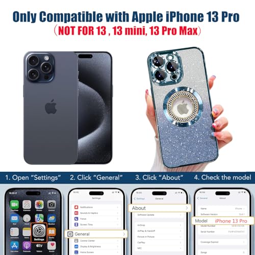 Image of Misscase for iPhone 13 Pro Magnetic Case Compatible with MagSafe,Full Protection Slim Shockproof Anti-Scratch Glitter Case with Camera Lens Protector Logo View Dust-Proof Net for Women Blue