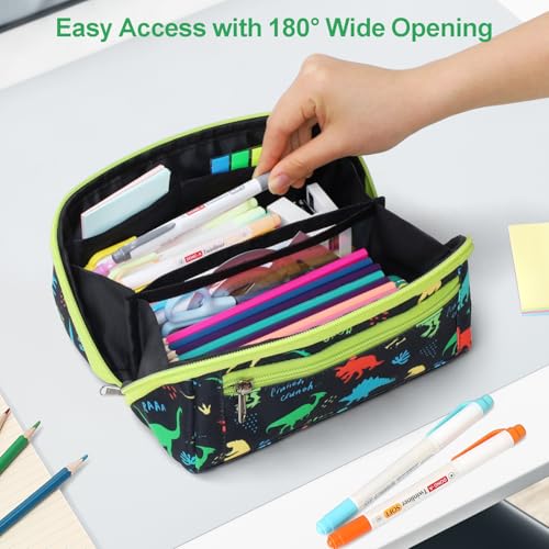Image of Large Pencil Case for Boys, Durable Kids Pencil Pouch for School, Wide Opening Soft Bag with Handle, Fits 50 Pens & Markers (Black Dinosaur)