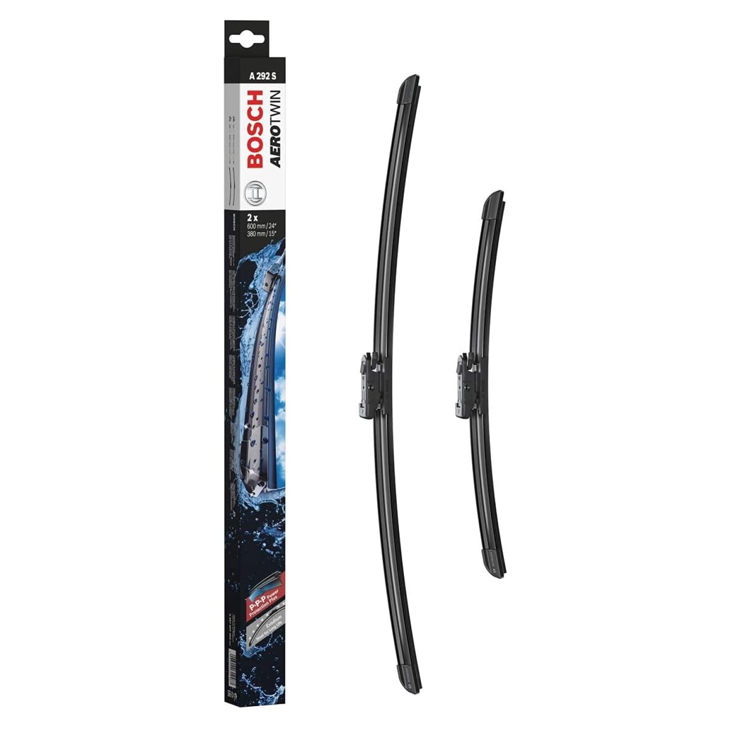 Bosch Aerotwin A292S - Front Windscreen Wipers - Set of 2 Replacement Blades - Comes with Pre-assembled Adapter - 2 Blades, 600 mm / 380 mm - Only for Left-Hand Drive (EU)