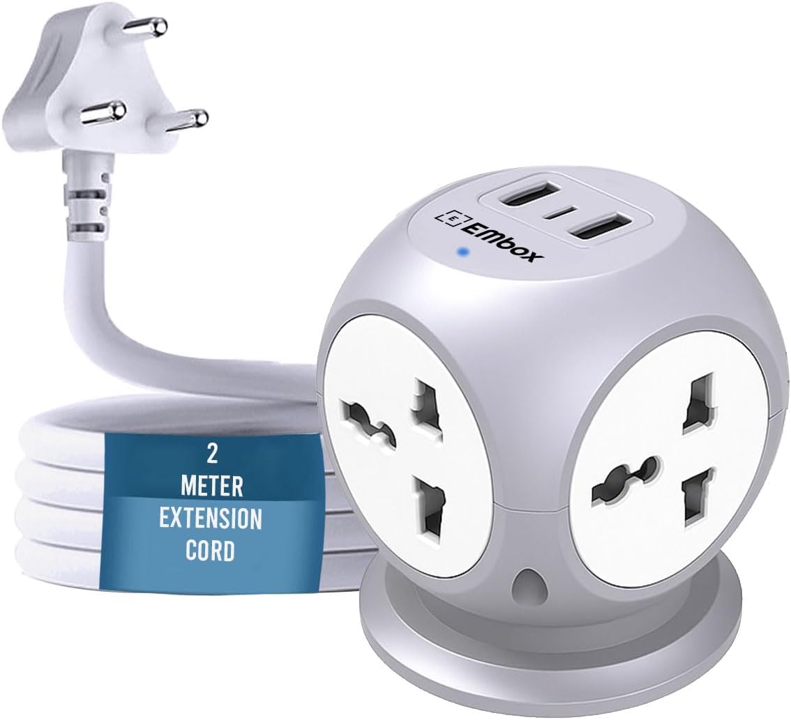 EMBOX Extension Board with USB (2.4 A) 20W Type C | 6 amp 2500W Universal Sockets LED Indicator and Safety Shutter | 2 Meter Extension Cord