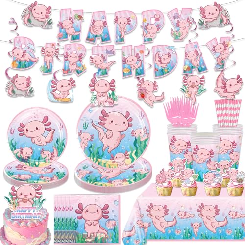 164PCS Pink Cartoon Axolotl Birthday Party Decorations, Tableware...