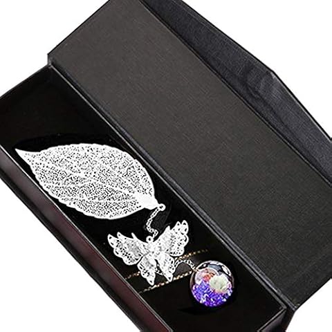 HGDGears Metal Leaf Bookmarks,with 3D Butterfly and Beaded Flower,Small Gifts for Women,Friends,Teachers,Students(Silver Leaves, Purple Pendants) Cover