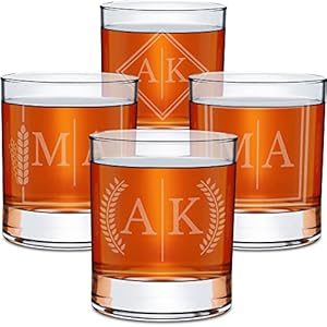 On The Rox Drinks Personalized Whiskey Gifts for Men – 11 oz Engraved Split Monogrammed Whiskey Glass Set of 4 – Customized Cocktail Glass – Bourbon, Scotch, Rocks, Brandy