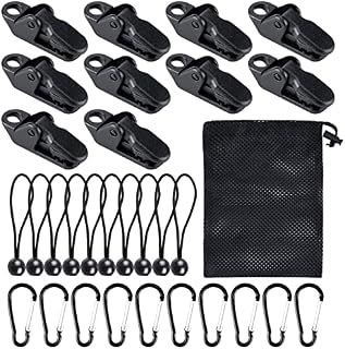 RosewineC 31pcs Tarp Clips Set, Heavy Duty Lock Grip Tent Clips Clamps with Thumb Screw and Bungee Ball Cords Carabiner for Fixing Tarps, Caravan Canopies, Awnings, Outdoor Camping, Tarpaulin