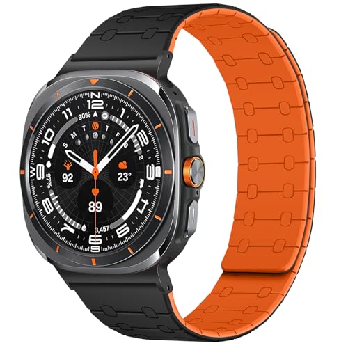 Amizee No Gap Band Compatible with Samsung Galaxy Watch Ultra (2025/2024) Band 47mm, 22mm Magnetic Sport Silicone Strap for Women Men, Black/Orange