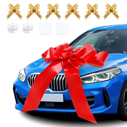 ECVUKQ Geschenkschleife Groß Autoschleife Rote 80 x 76 cm Schleife Riesige Große Schleife für Auto mit 2 Saugnapf 6 Goldene Kleinen Schleifen für Auto Fahrrad Hochzeit Geburtstage