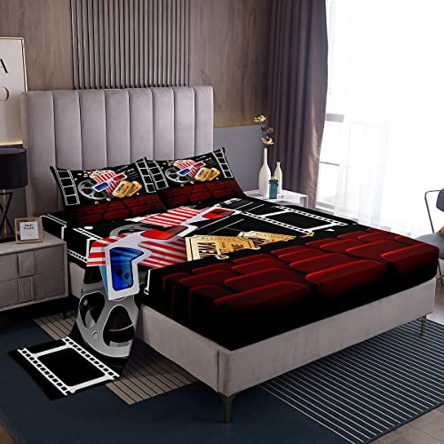 Movie Theme Sheet Sets Movie Theater Style Bed Sheet Vintage Cinema Ticket Fitted Sheet Gifts for Boys Girls Kids Filmstrip Printed Home Clapboard Popcorn Print Bedroom Decor Flat Sheet King
