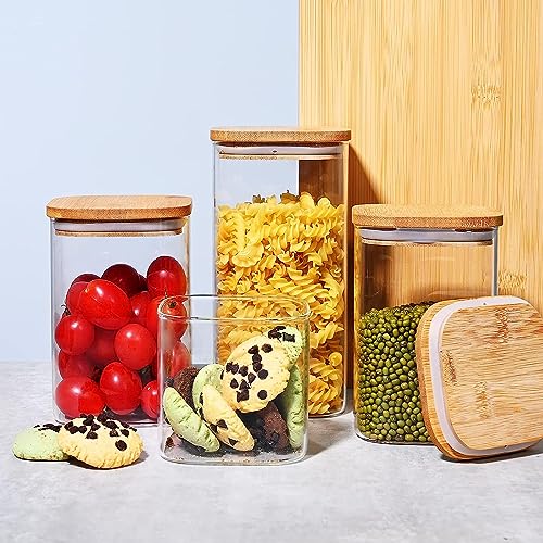 Image of MARTVIA Glass Food Storage Jars with Bamboo Lids 1200ml Set of 4, Wide Mouth Lid Jar for Home Kitchen,Flour, Sugar, Coffee, Pasta, Oats, Grains, Cookies, Snacks (Sqaure 1200 ML Jar, SET OF 4)
