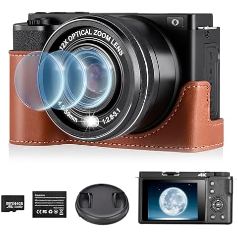 OIEXI 4K Digital Camera for Photography and Video, 12X Optical Zoom 64MP Autofocus Anti-Shake Vlogging Camera for YouTube, Built-in Fill Light and Flash Travel Camera with 64GB SD Card,Battery (Black) Cover