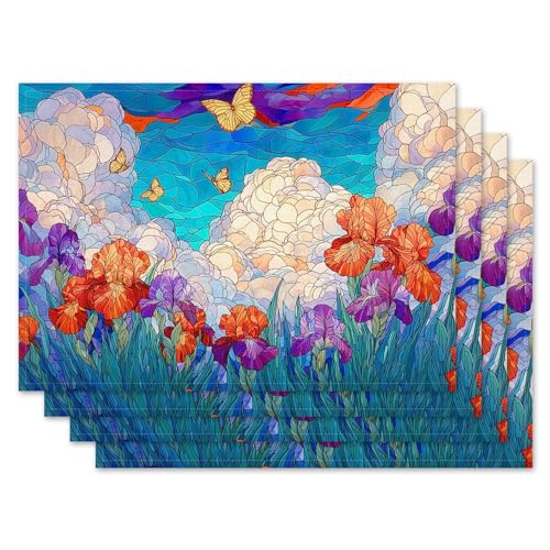 Jauageon Spring Iris Placemat Set of 4 Stained Glass Style Floral Placemats Flower Butterfly Table Mats for Indoor Outdoor Home Party Kitchen Dining Decor Farmhouse Burlap Table Mats 12x18 Inch