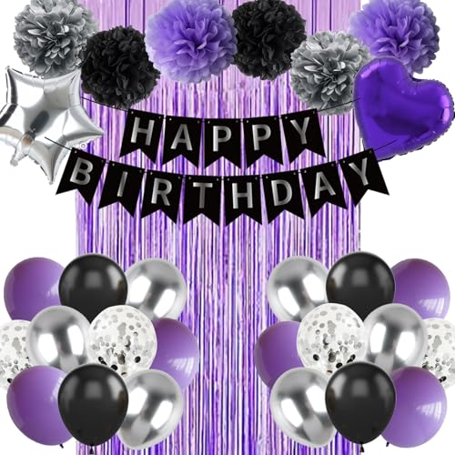 Wiletasz Black Purple and Sliver Happy Birthday Party Decorations Balloons purple birthday decorations with Banner Curtains for Women Men Boys Girls