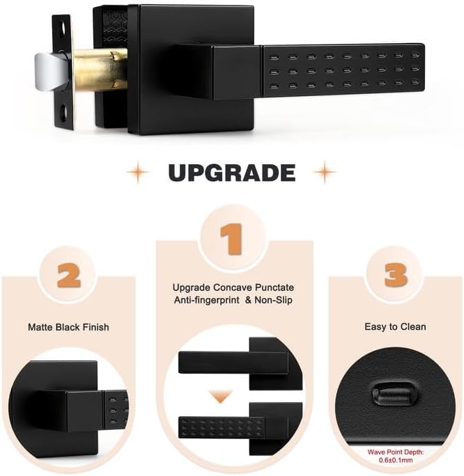 Probrico Square Passage Interior Keyless Door Handle, Heavy Duty Door Knobs for Hall and Closet Doors, Non-Slip Grip Levers for Right/Left Handed Doors, Matt Black, 5 Pack 5 Black