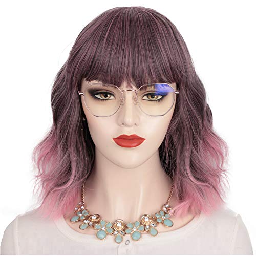 Lativ Short Bob Wigs with Bangs Nature Wavy Bob Wig Light Reddish Short Wig for Women Synthetic Wigs Heat Resistant Wig Extensions（Grey Mixed Pink）