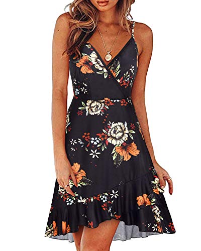 ULTRANICE Womens Summer Dresses Floral V Neck Ruffled Hem Spaghet...