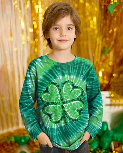 Image of Unisex Kids St. Patrick's Tie Dye Irish Clover Long Sleeve Shirt Shamrock Green Sweatshirt 6-14 Years