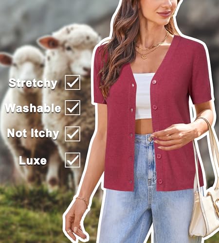 Image of Arach&Cloz Women's Wool Blend Short Sleeve Lightweight Cardigan Business Casual Summer Sweaters Tops