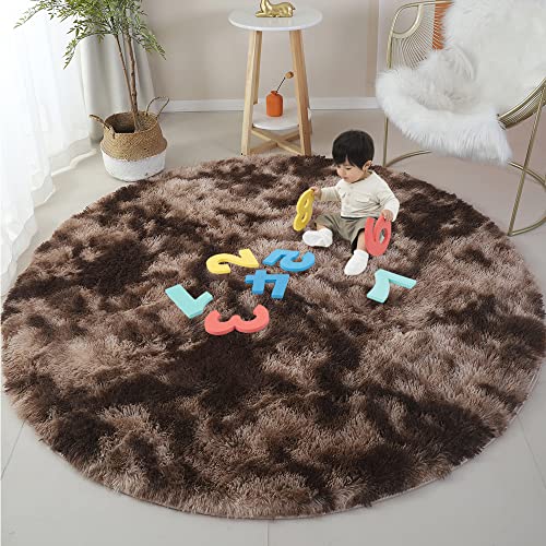120cm Fluffy Round Area Rug for Bedroom Soft Fuzzy Circle Rug for Kids Girls Baby Room Indoor Plush Circular Nursery Rugs Cute Modern Furry Rugs for Living Room Shaggy Carpet for Bedroom Coffee