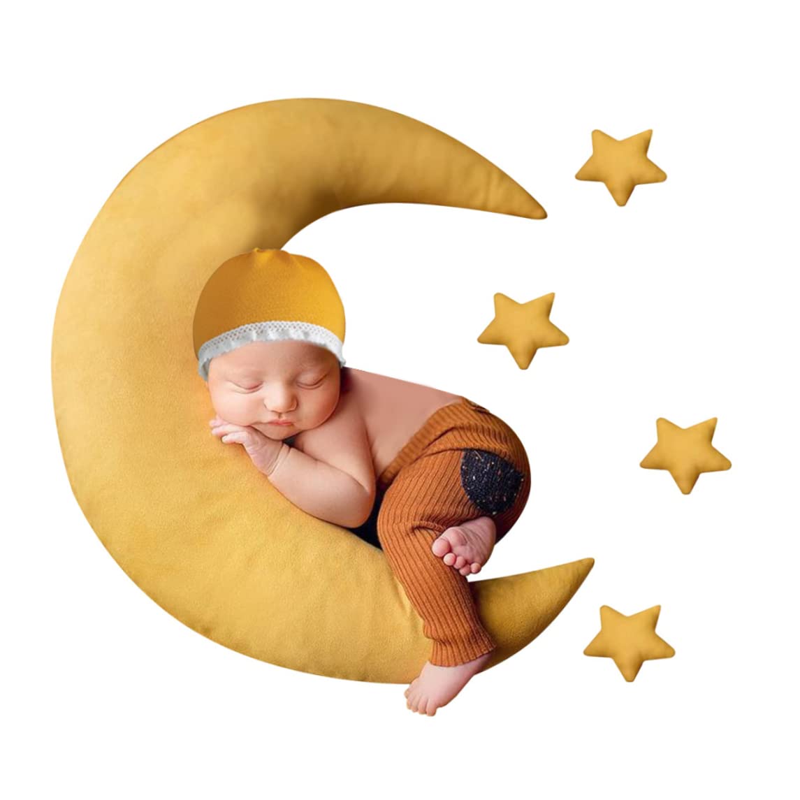 Obelunrp Newborn Photography Posing Pillow, 1Set 50cm/19.7inch Moon Shaped Baby Photo Posing Pillow With Mini Cushion & Hat, Newborn Photography Props