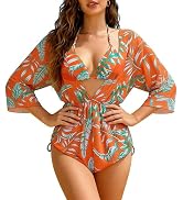 3 Piece Bathing Suit and Cover Up Women Plus Size Bikini Tropical Beachwear | Tropical Print Biki...