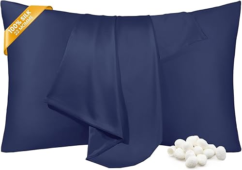 THXSILK Funda de almohada de seda de morera 100 % pura para cabello y piel, 22 momme, fundas de almohada de seda azul marino con cierre de