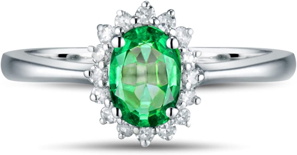 Engagement Ring 18K White Gold, Delicate Ring Flower 4 Prong 0.5ct Oval Cut Emerald with 0.11ct Diamond Rings Engagement Gifts for Women
