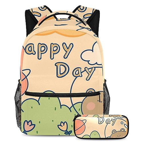 Sac à dos avec trousse à crayons Happy Bear, sac de voyage pour étudiants et adolescents mixte