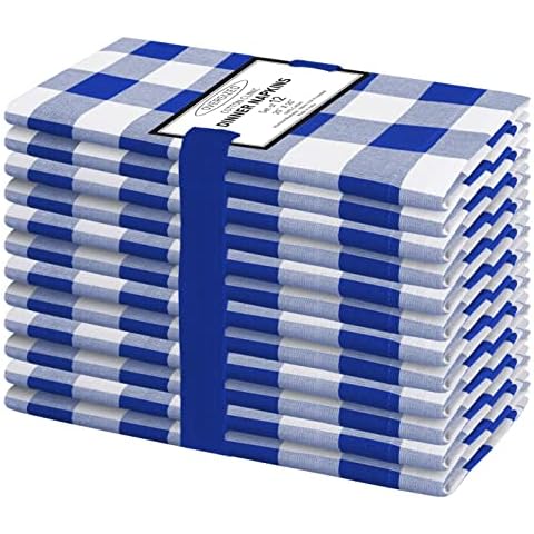 Cotton Clinic Set of 12 Cloth Napkins Gingham Check 100% Cotton 20x20 inches - Soft Durable Washable - Ideal for Events Wedding Christmas Easter - Perfect Everyday Use Table Dinner Napkins Navy Blue Cover