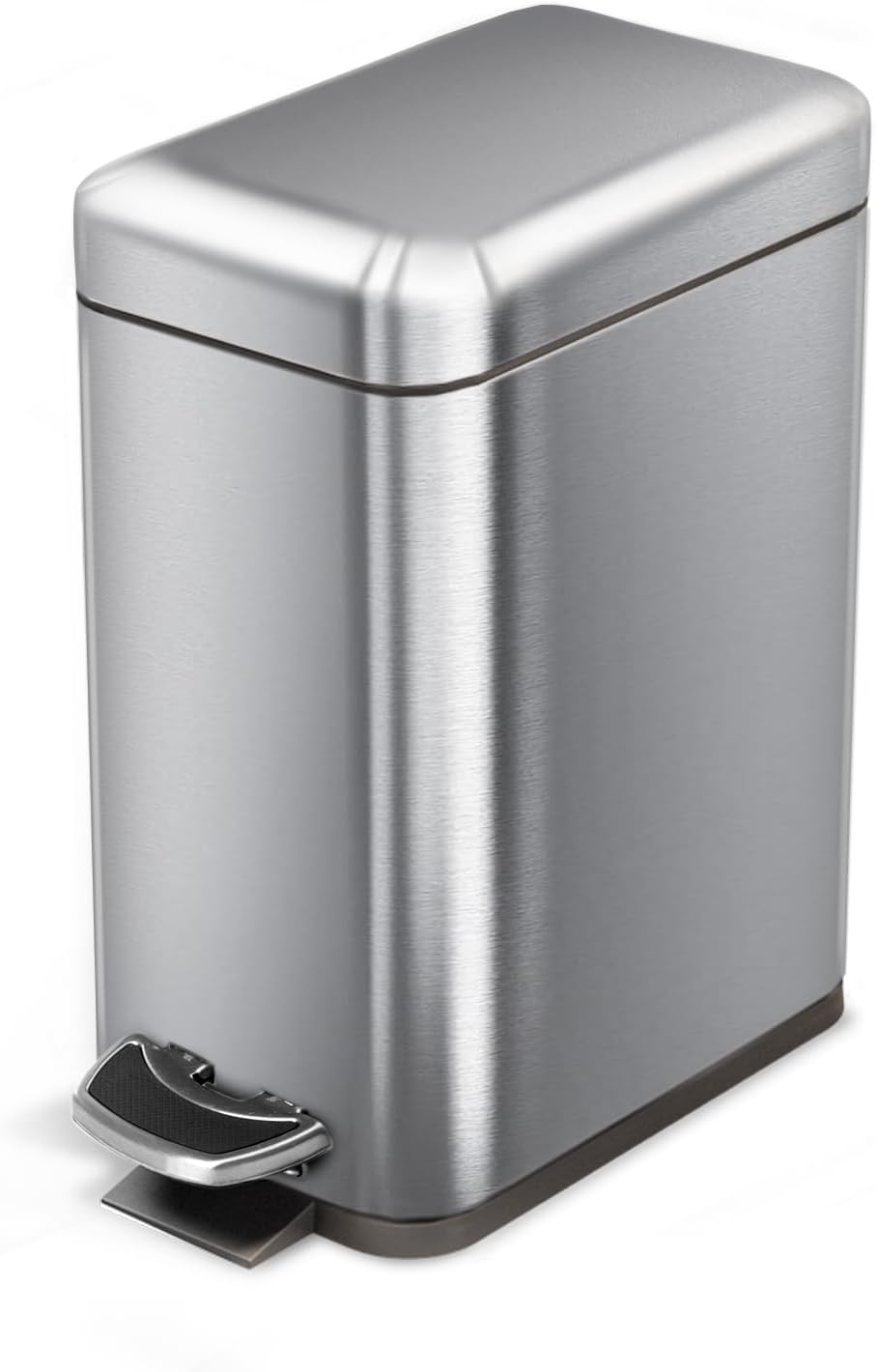 Home Zone Living 1.3 Gallon Small Bathroom Trash Can with Lid and Step Pedal, Stainless Steel Wastebasket with Slim Design for Home and Office, Silver, 5 Liters