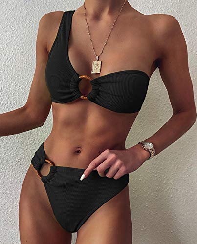 Cxypeng Damen Sportlich Top Bandeau Bikini,One Shoulder Mid Waist Damen Ring Badebekleidung,Badeanzug Zweiteiliges Bikini-Set-NO 1_L,Tank Top Bikini Swimsuits mit Short Cover